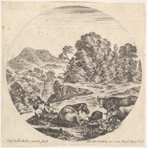 Plåt 10: en häst liggande i mitten, en ko och två getter till höger, två sittande sh..., ca. 1643-48. av Stefano della Bella
