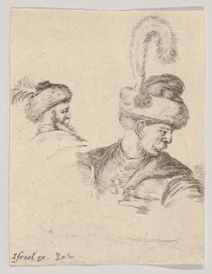 Skylt 11: en polsk byst i profil, vänd åt höger, ytterligare ett polskt huvud sett från..., ca. 1649. av Stefano della Bella