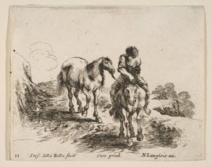 Plåt 11: en ung ryttare, sedd framifrån, leder en annan häst, från Diver..., ca. 1644-47. av Stefano della Bella