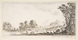 Plåt 11: herdinna som sitter till höger under ett träd och tittar på sin flock till vänster..., ca. 1641. av Stefano della Bella
