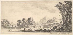 Plåt 11: herdinna som sitter till höger under ett träd och tittar på sin flock till vänster..., ca. 1641. av Stefano della Bella