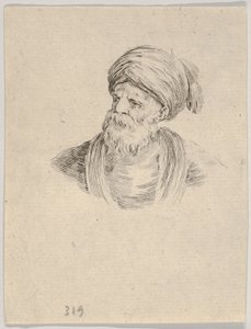 Plansch 12: Byst av en gammal turkisk man med turban, blickande åt vänster, ur "Olika huvuden och gestalter" av Stefano della Bella