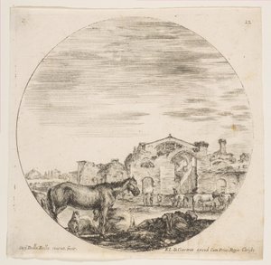 Tavla 12: en herde som sover på marken till höger, tre hästar till vänster, andra hästar..., ca. 1646. av Stefano della Bella