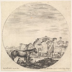 Tavla 12: en herde som sover på marken till höger, tre hästar till vänster, andra h..., ca. 1643-48. av Stefano della Bella