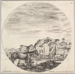 Tavla 12: en herde som sover på marken till höger, tre hästar till vänster, andra h..., ca. 1643-48. av Stefano della Bella