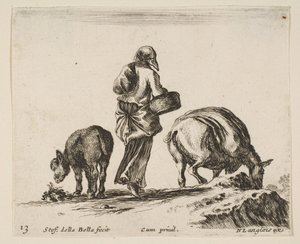 Plåt 13: en bondkvinna, sedd bakifrån, med en korg i mitten, en åsna..., ca. 1644-47. av Stefano della Bella