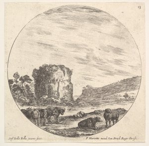 Plåt 13: ruiner av ett gammalt tempel i bakgrunden, en flock kor i förgrunden..., ca. 1643-48. av Stefano della Bella