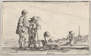 Plåt 13: två bönder står till vänster, en krympling på knä på marken i mitten, en..., ca. 1642. av Stefano della Bella