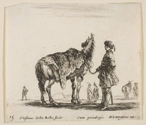 Plåt 15: en polsk adelsman, vänd bort, med sin häst täckt av leopardskinn..., ca. 1644-47. av Stefano della Bella