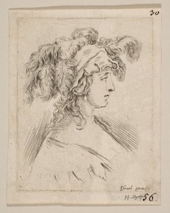 Tallrik 15: mitten av bysten av en ung kvinna i profil bär en hatt toppad med fjädrar, fram..., ca. 1649. av Stefano della Bella
