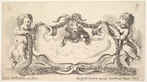 Skylt 17: en kartusch med ett marmorcentrum, ett spädbarn på vardera sidan som håller en girlangove..., 1646. av Stefano della Bella