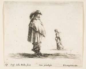 Skylt 17: en man som bär en plymerad hatt i mitten vänd åt höger, en kvinna som går mot..., ca. 1644-47. av Stefano della Bella