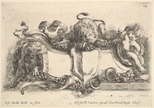 Plåt 18: en kartusch innehållande ett tomt vapen, två lejoninnor, en till vänster och en i cent..., 1646. av Stefano della Bella