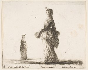 Plåt 18: en adelsdam som går åt vänster med en fjäderfjädrad solfjäder, en annan kvinna..., ca. 1644-47. av Stefano della Bella