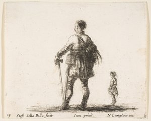 Tavla 19: en polsk adelsman i hovdräkt, stående i mitten, sedd bakifrån, en..., ca. 1644-47. av Stefano della Bella