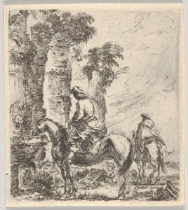 Plåt 19: en ryttare som får sin häst att dricka från en bassäng med en fontän till vänster, en annan h..., ca. 1646. av Stefano della Bella