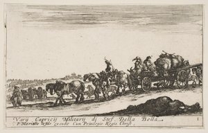 Plåt 1: En hästdragen vagn som transporterar människor och varor, död häst i förgrunden, f..., ca. 1641. av Stefano della Bella