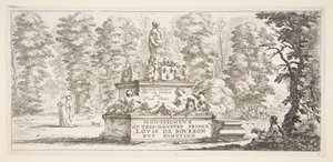 Plåt 1: ett monument med statyer och ett vapen i mitten, en ritare på..., ca. 1643. av Stefano della Bella