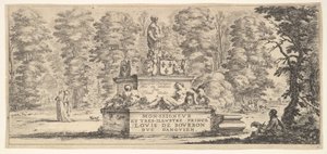 Plåt 1: ett monument med statyer och ett vapen i mitten, en ritare på..., ca. 1641. av Stefano della Bella