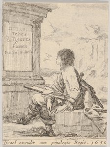 Tavla 1: en ung man som sitter på en sten, vänd åt vänster i profil, med ett ritblock i ..., 1650. av Stefano della Bella