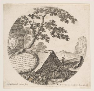 Plåt 1: fragment från fornminnen, från romerska landskap och ruiner Paysages..., ca. 1646. av Stefano della Bella