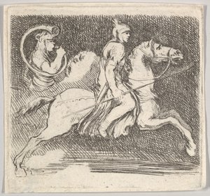 Plåt 20: en soldat i profil galopperande åt höger med en lans i höger hand..., ca. 1646. av Stefano della Bella