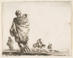 Plåt 21: en stackars kvinna till vänster, sedd bakifrån, sveper in sitt barn i en sjal..., ca. 1644-47. av Stefano della Bella