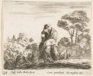 Plåt 24: herde på en häst, sedd bakifrån, leder sin boskap nerför en kulle, en ..., ca. 1644-47. av Stefano della Bella