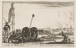 Plåt 2: En kanon till vänster, en stad i bakgrunden, från Various Military Capric..., ca. 1641. av Stefano della Bella