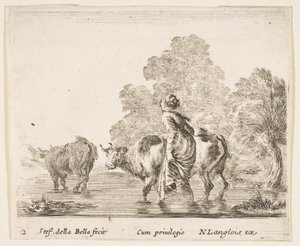 Tavla 2: en bondkvinna vallar två kor över en bäck och går åt vänster..., ca. 1644-47. av Stefano della Bella