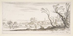 Plåt 2: en bondkvinna som tar av sig skorna i mitten, en annan bondkvinna och två c..., ca. 1641. av Stefano della Bella
