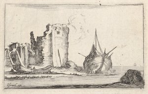 Plåt 2: ett fartyg till höger och en roddbåt till vänster, uppspolad på stranden, ett torn i ruiner b..., ca. 1642. av Stefano della Bella