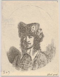 Plåt 2: huvudet på en man med mustasch och pälsmössa vänd åt vänster, en oval sammansättning, från..., 1650. av Stefano della Bella