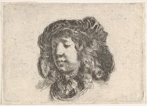 Tavla 34: huvudet på en ung man i en mössa prydd med några fjädrar, vände tre kvarts..., ca. 1646. av Stefano della Bella
