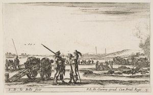 Skylt 3: En officer som ger order till en soldat i mitten av förgrunden, kanon till vänster, av..., ca. 1641. av Stefano della Bella