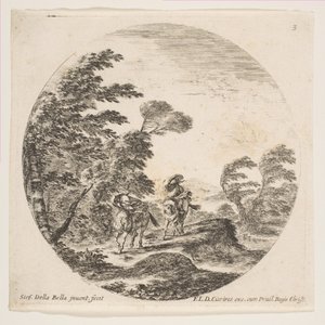 Tavla 3: en kuling i skogen, två ryttare insvepta i sina kappor, med vinden blåsa..., ca. 1646. av Stefano della Bella