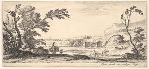Plåt 3: två ryttare som korsar en flod till höger, en kvinna med två korgar ovanpå en åsna..., ca. 1641. av Stefano della Bella
