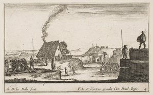 Plåt 4: Ett militärläger med en soldat som står på en bröstvärn till höger..., ca. 1641. av Stefano della Bella