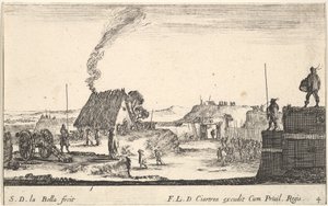 Plåt 4: Ett militärläger med en soldat som står på en bröstvärn till höger..., ca. 1641. av Stefano della Bella