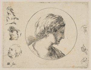 Tavla 4: Head of a Woman in Profile, från andra samlingen av olika doodles och et..., ca. 1646. av Stefano della Bella