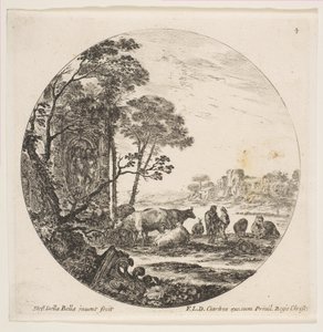 Plåt 4: en korintisk huvudstad på marken till vänster, ett monument med figurer i låg re..., ca. 1646. av Stefano della Bella