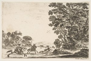 Plåt 4: en hjortjakt, två ryttare galopperande till vänster bakom tre hundar och en hjort..., 1642. av Stefano della Bella
