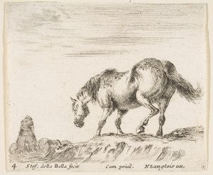 Plåt 4: en häst i profil vänd åt vänster, på väg att gå ner från en hög, en häst..., ca. 1644-47. av Stefano della Bella