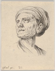 Plåt 4: huvudet på en gammal kvinna med motorhuv, se till vänster från Diverse huvuden och figurer..., 1650. av Stefano della Bella