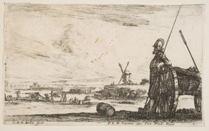 Plåt 5: En Pikeman som står bredvid en kanon, andra militära figurer..., ca. 1641. av Stefano della Bella