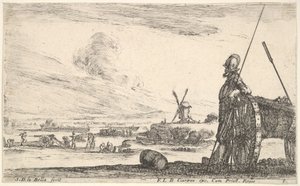 Plåt 5: En Pikeman stående precis bredvid en kanon, andra militära figurer i ba..., ca. 1641. av Stefano della Bella