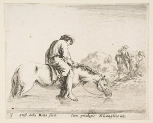 Plåt 5: en barfota bonde till häst som korsar en flod, en annan bonde till häst..., ca. 1644-47. av Stefano della Bella