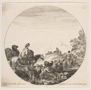 Plåt 5: en kvinna som bär ett barn på en häst till vänster, en kamel som följer efter henne, en flock..., ca. 1646. av Stefano della Bella
