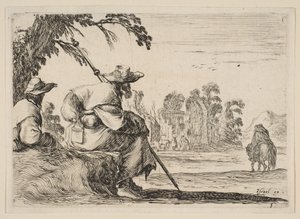 Plåt 5: två pilgrimer med hattar vilar till vänster, sedd bakifrån, rider en ryttare mot krig..., 1642. av Stefano della Bella