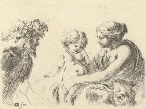 Tavla 6: en kvinna till höger som håller sitt barn som sitter ovanpå en åsna, en satyr vid l..., ca. 1646. av Stefano della Bella